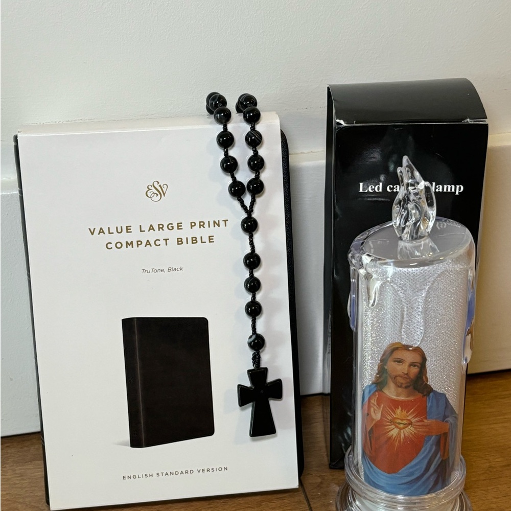 3 piece set with Black Bible, Black Agate Stone Rosary and LED candle